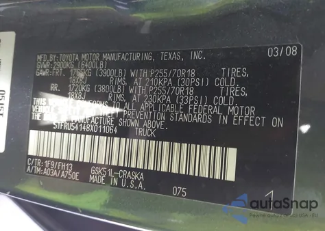 2008 Toyota Tundra Base V6 z USA, uszkodzony, nr VIN 5TFRU54148X011064